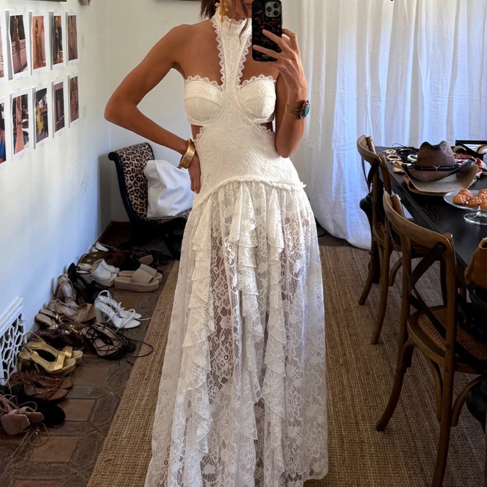 12th Tribe White Lace Maxi Dress with Halter Neck - Picture 1 of 4